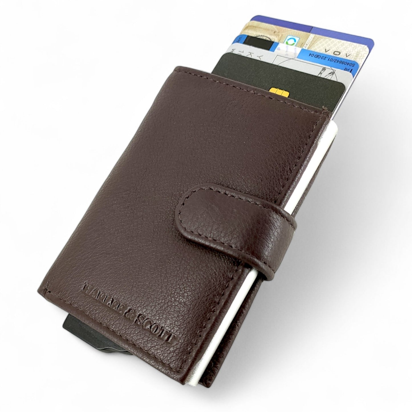 dunkel braunfarbenes Mini Slim Wallet aus echtem Leder für Herren – Kompakt, mit Münzfach & RFID-Schutz