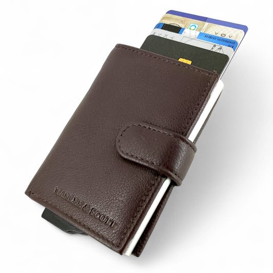 dunkel braunfarbenes Mini Slim Wallet aus echtem Leder für Herren – Kompakt, mit Münzfach & RFID-Schutz