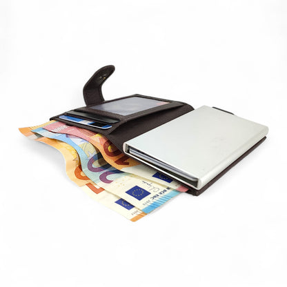 dunkel braunfarbenes Mini Slim Wallet aus echtem Leder für Herren – Kompakt, mit Münzfach & RFID-Schutz