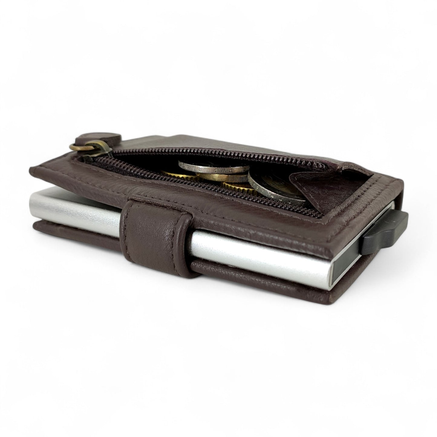 dunkel braunfarbenes Mini Slim Wallet aus echtem Leder für Herren – Kompakt, mit Münzfach & RFID-Schutz