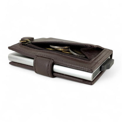 dunkel braunfarbenes Mini Slim Wallet aus echtem Leder für Herren – Kompakt, mit Münzfach & RFID-Schutz