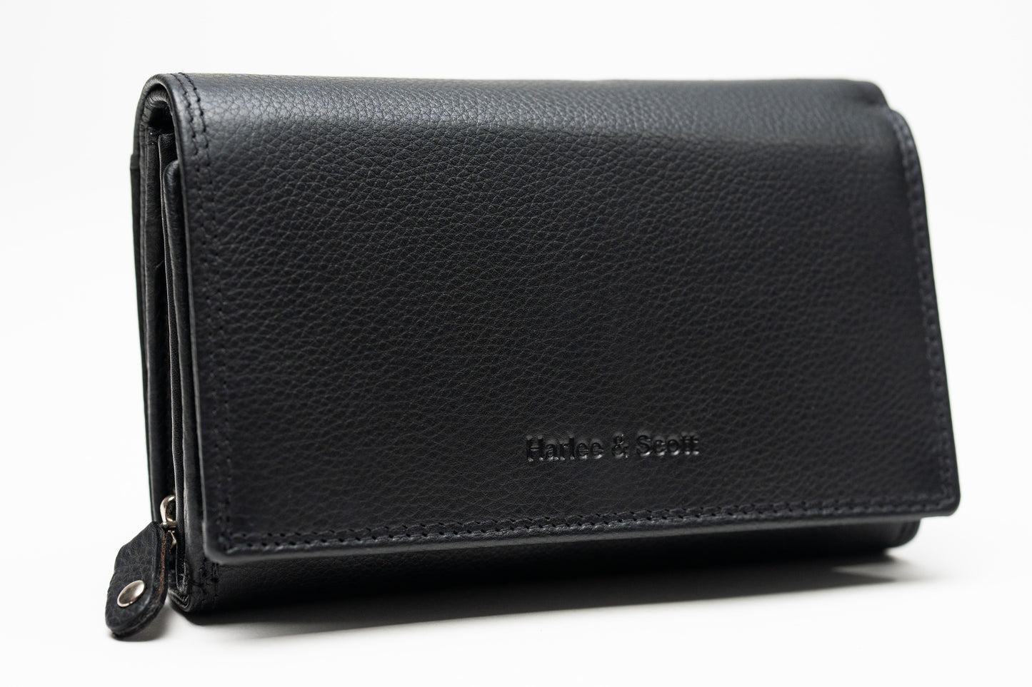 Damen Geldbörse Nappa-Leder Schwarz – RFID-Schutz, Reißverschluss & Druckknopf | Großes Vintage Portemonnaie für Frauen | Harlee & Scott