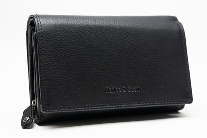 Damen Geldbörse Nappa-Leder Schwarz – RFID-Schutz, Reißverschluss & Druckknopf | Großes Vintage Portemonnaie für Frauen | Harlee & Scott