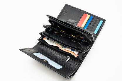 Damen Geldbörse Nappa-Leder Schwarz – RFID-Schutz, Reißverschluss & Druckknopf | Großes Vintage Portemonnaie für Frauen | Harlee & Scott