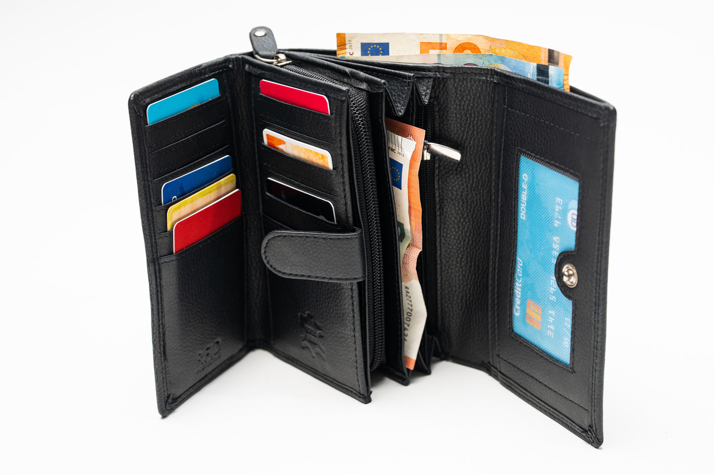 Damen Geldbörse Nappa-Leder Schwarz – RFID-Schutz, Reißverschluss & Druckknopf | Großes Vintage Portemonnaie für Frauen | Harlee & Scott