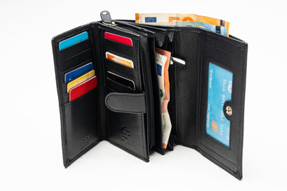 Damen Geldbörse Nappa-Leder Schwarz – RFID-Schutz, Reißverschluss & Druckknopf | Großes Vintage Portemonnaie für Frauen | Harlee & Scott