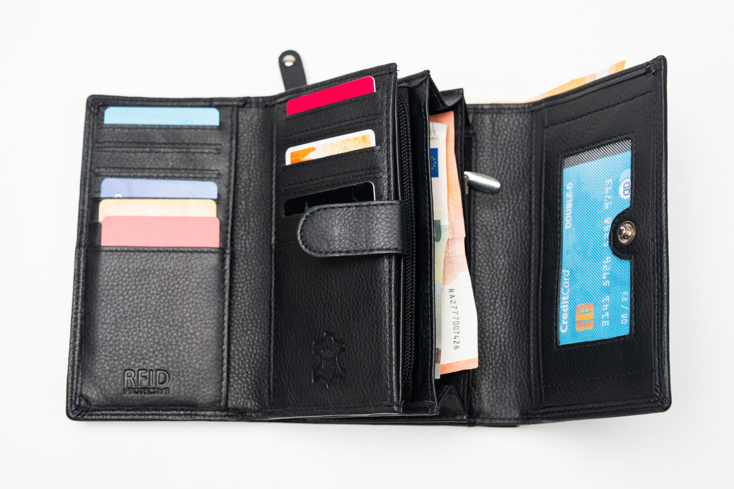 Damen Geldbörse Nappa-Leder Schwarz – RFID-Schutz, Reißverschluss & Druckknopf | Großes Vintage Portemonnaie für Frauen | Harlee & Scott