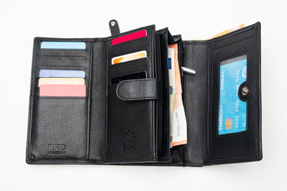 Damen Geldbörse Nappa-Leder Schwarz – RFID-Schutz, Reißverschluss & Druckknopf | Großes Vintage Portemonnaie für Frauen | Harlee & Scott