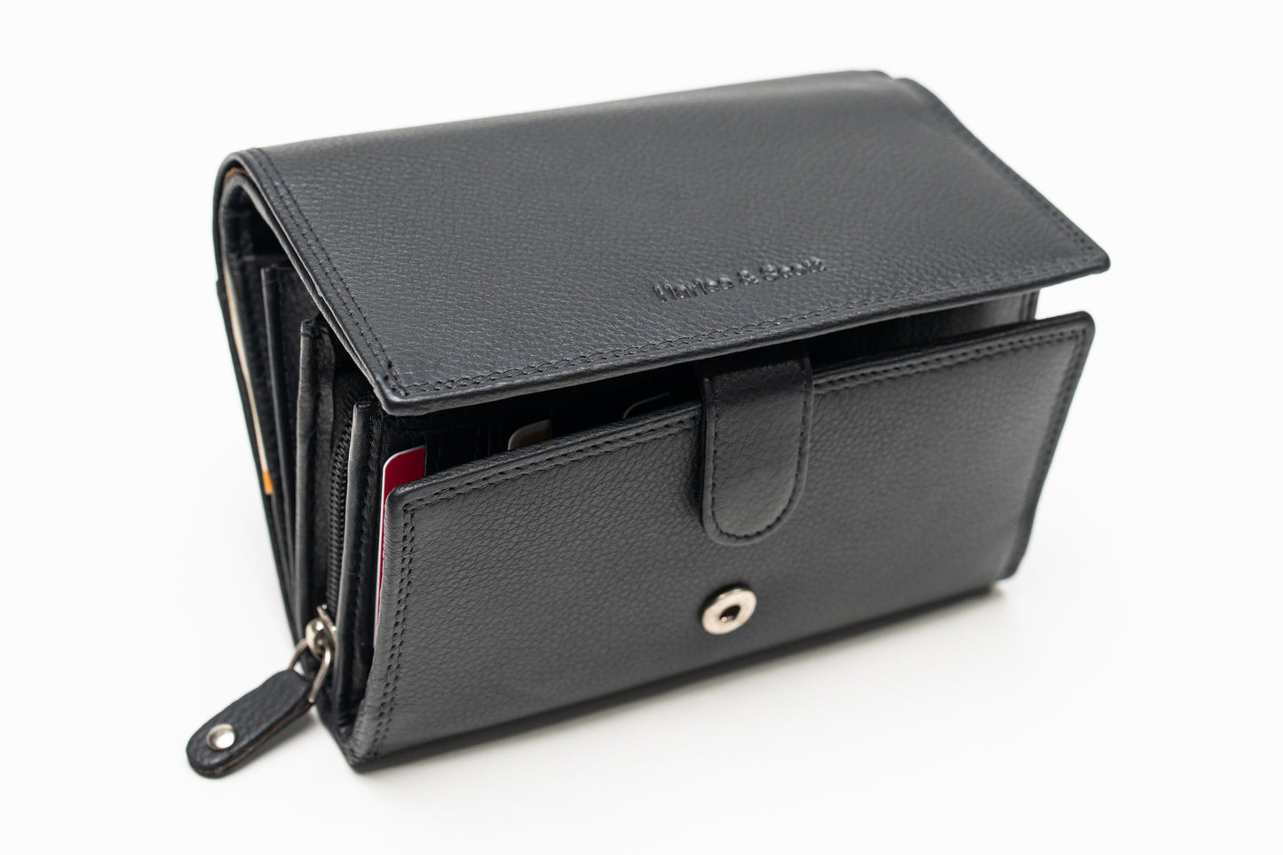 Damen Geldbörse Nappa-Leder Schwarz – RFID-Schutz, Reißverschluss & Druckknopf | Großes Vintage Portemonnaie für Frauen | Harlee & Scott