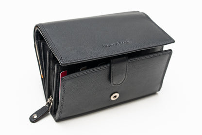 Damen Geldbörse Nappa-Leder Schwarz – RFID-Schutz, Reißverschluss & Druckknopf | Großes Vintage Portemonnaie für Frauen | Harlee & Scott