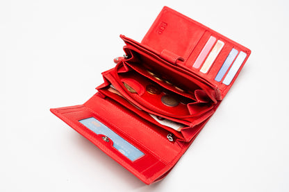 Damen Geldbörse Nappa-Leder Rot – RFID-Schutz, Reißverschluss & Druckknopf | Großes Vintage Portemonnaie für Frauen | Harlee & Scott