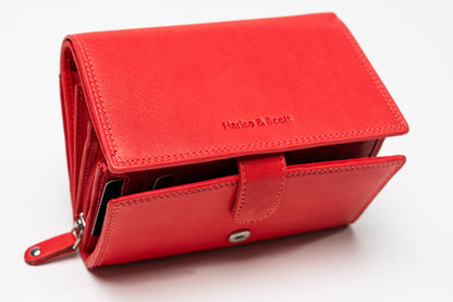 Damen Geldbörse Nappa-Leder Rot – RFID-Schutz, Reißverschluss & Druckknopf | Großes Vintage Portemonnaie für Frauen | Harlee & Scott