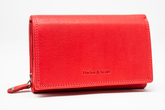 Damen Geldbörse Nappa-Leder Rot – RFID-Schutz, Reißverschluss & Druckknopf | Großes Vintage Portemonnaie für Frauen | Harlee & Scott