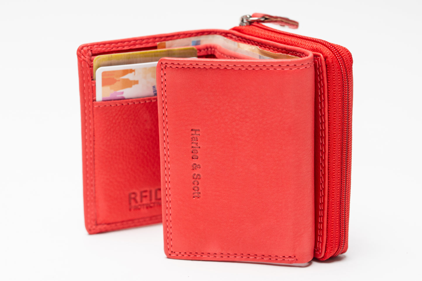 Damen Geldbörse Nappa-Leder Rot – Kompakte Echtleder Börse mit RFID-Schutz, Reißverschluss & Druckknopf | Kleine Leder Geldbörse | Harlee & Scott