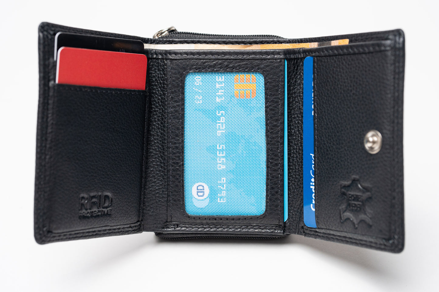 Damen Geldbörse Nappa-Leder Schwarz – Kompakte Echtleder Börse mit RFID-Schutz, Reißverschluss & Druckknopf | Kleine Leder Geldbörse | Harlee & Scott