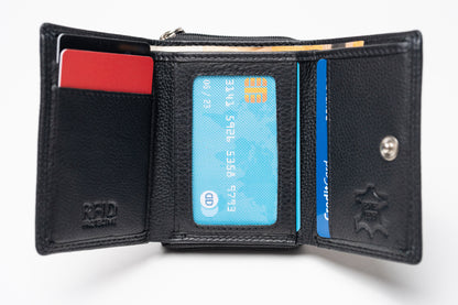 Damen Geldbörse Nappa-Leder Schwarz – Kompakte Echtleder Börse mit RFID-Schutz, Reißverschluss & Druckknopf | Kleine Leder Geldbörse | Harlee & Scott