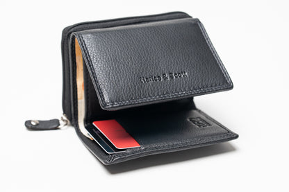 Damen Geldbörse Nappa-Leder Schwarz – Kompakte Echtleder Börse mit RFID-Schutz, Reißverschluss & Druckknopf | Kleine Leder Geldbörse | Harlee & Scott