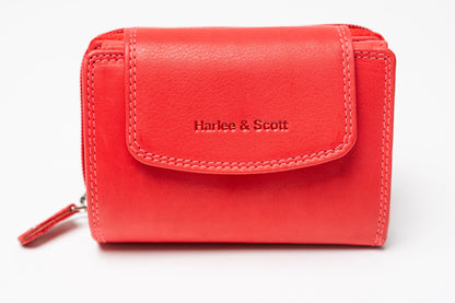Damen Geldbörse Echtleder Rot – RFID-Schutz, Reißverschluss & Druckknopf | Kompakte Vintage Geldbörse mit Geschenkbox | Harlee & Scott