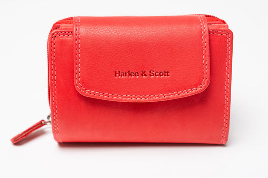 Damen Geldbörse Echtleder Rot – RFID-Schutz, Reißverschluss & Druckknopf | Kompakte Vintage Geldbörse mit Geschenkbox | Harlee & Scott