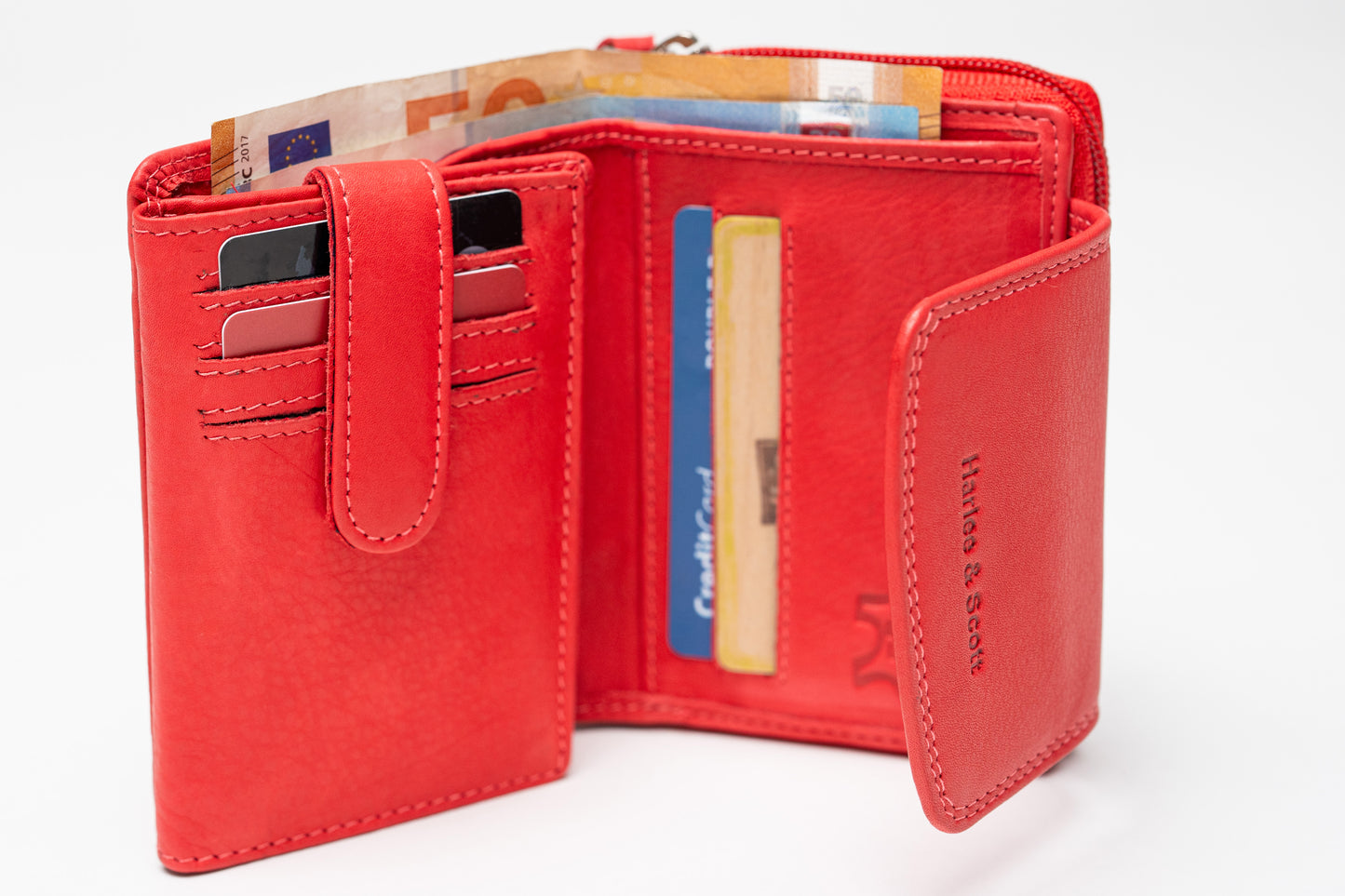 Damen Geldbörse Echtleder Rot – RFID-Schutz, Reißverschluss & Druckknopf | Kompakte Vintage Geldbörse mit Geschenkbox | Harlee & Scott