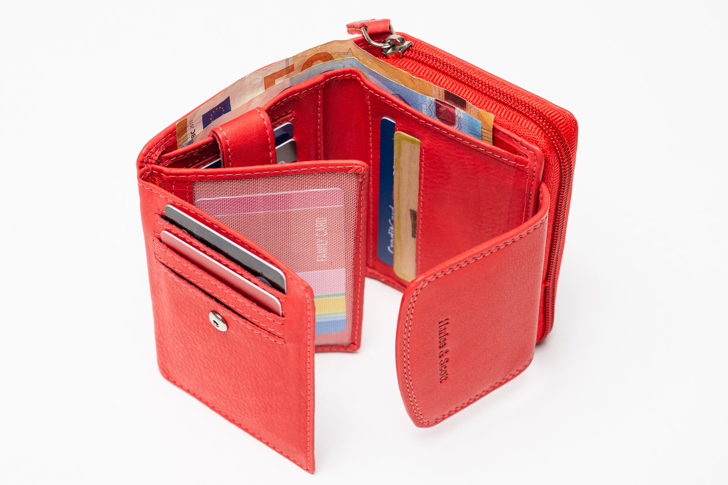 Damen Geldbörse Echtleder Rot – RFID-Schutz, Reißverschluss & Druckknopf | Kompakte Vintage Geldbörse mit Geschenkbox | Harlee & Scott