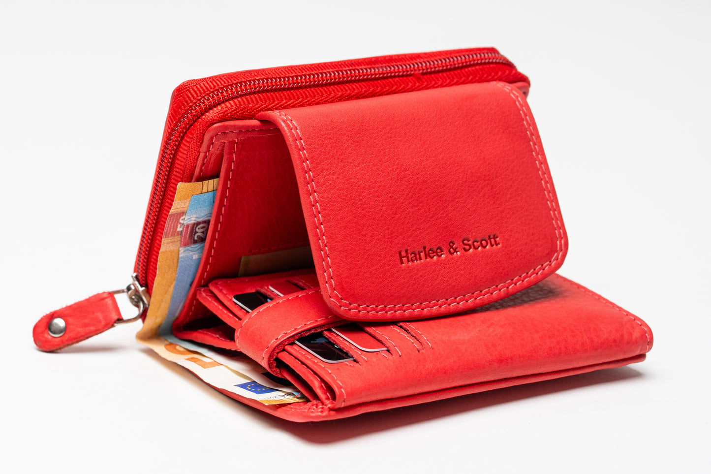 Damen Geldbörse Echtleder Rot – RFID-Schutz, Reißverschluss & Druckknopf | Kompakte Vintage Geldbörse mit Geschenkbox | Harlee & Scott