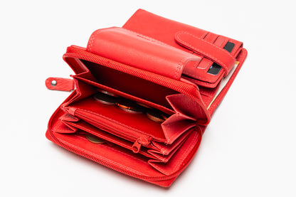 Damen Geldbörse Echtleder Rot – RFID-Schutz, Reißverschluss & Druckknopf | Kompakte Vintage Geldbörse mit Geschenkbox | Harlee & Scott