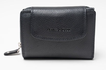 Damen Geldbörse Echtleder Schwarz – RFID-Schutz, Reißverschluss & Druckknopf | Kompakte Vintage Geldbörse mit Geschenkbox | Harlee & Scott