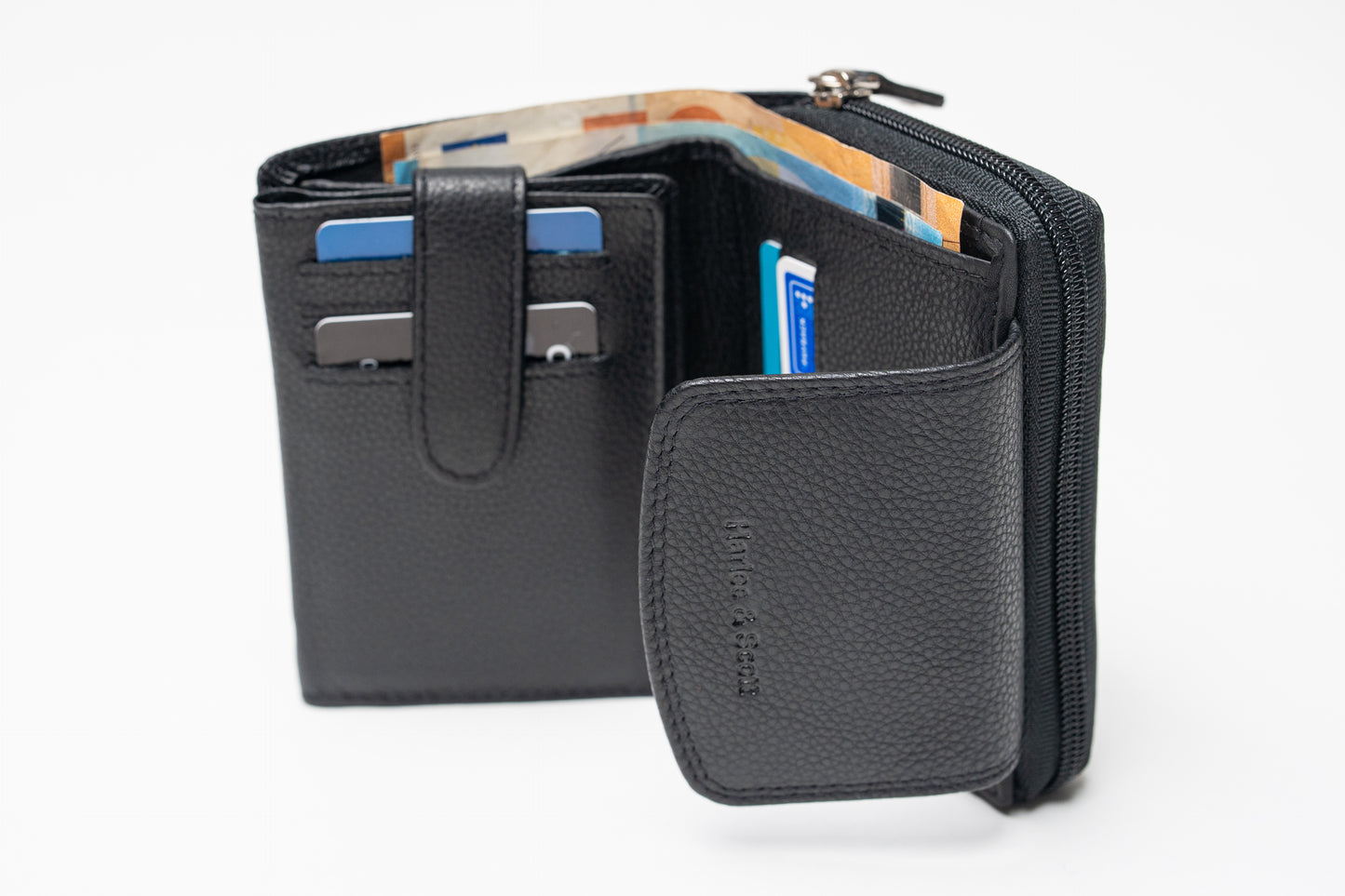 Damen Geldbörse Echtleder Schwarz – RFID-Schutz, Reißverschluss & Druckknopf | Kompakte Vintage Geldbörse mit Geschenkbox | Harlee & Scott