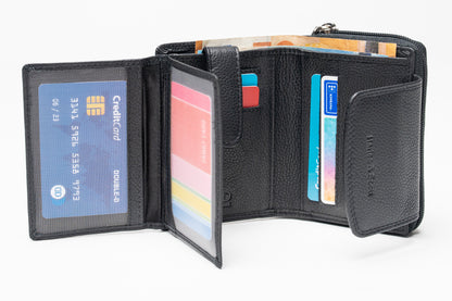 Damen Geldbörse Echtleder Schwarz – RFID-Schutz, Reißverschluss & Druckknopf | Kompakte Vintage Geldbörse mit Geschenkbox | Harlee & Scott