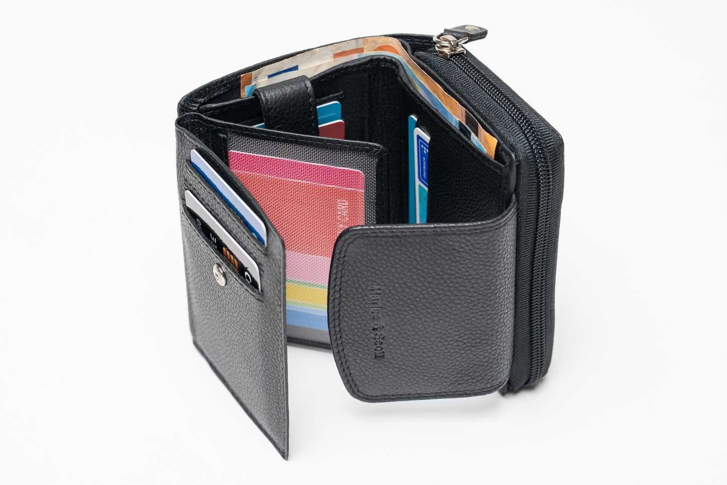 Damen Geldbörse Echtleder Schwarz – RFID-Schutz, Reißverschluss & Druckknopf | Kompakte Vintage Geldbörse mit Geschenkbox | Harlee & Scott