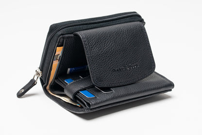 Damen Geldbörse Echtleder Schwarz – RFID-Schutz, Reißverschluss & Druckknopf | Kompakte Vintage Geldbörse mit Geschenkbox | Harlee & Scott