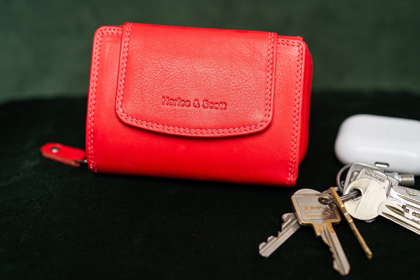 Damen Geldbörse Echtleder Rot – RFID-Schutz, Reißverschluss & Druckknopf | Kompakte Vintage Geldbörse mit Geschenkbox | Harlee & Scott