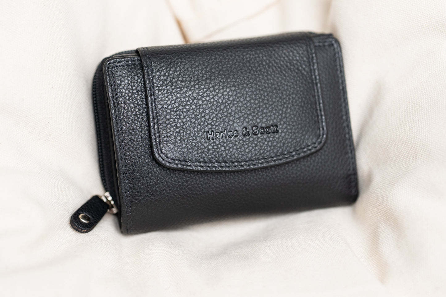 Damen Geldbörse Echtleder Schwarz – RFID-Schutz, Reißverschluss & Druckknopf | Kompakte Vintage Geldbörse mit Geschenkbox | Harlee & Scott