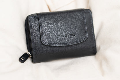 Damen Geldbörse Echtleder Schwarz – RFID-Schutz, Reißverschluss & Druckknopf | Kompakte Vintage Geldbörse mit Geschenkbox | Harlee & Scott