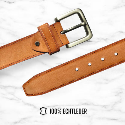Herren Gürtel aus 100 % Büffelleder – Cognac/Schwarz, Handgefertigt, 3,8 cm Breite