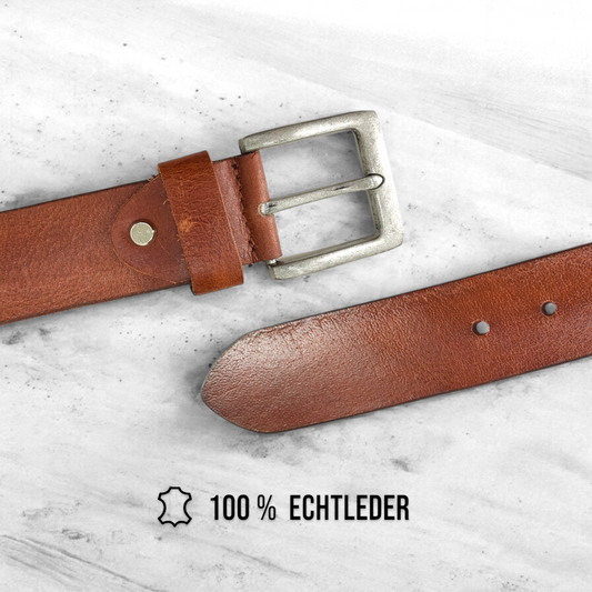 Gürtel aus 100% Büffelleder Cognac/Schwarz – Handgefertigt & 4cm Breite