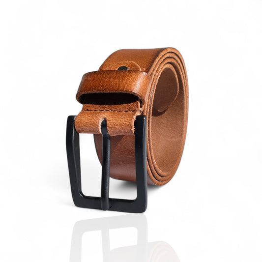 Herren Ledergürtel aus 100 % Büffelleder – Cognac/Schwarz, Handgefertigt, 3,8 cm