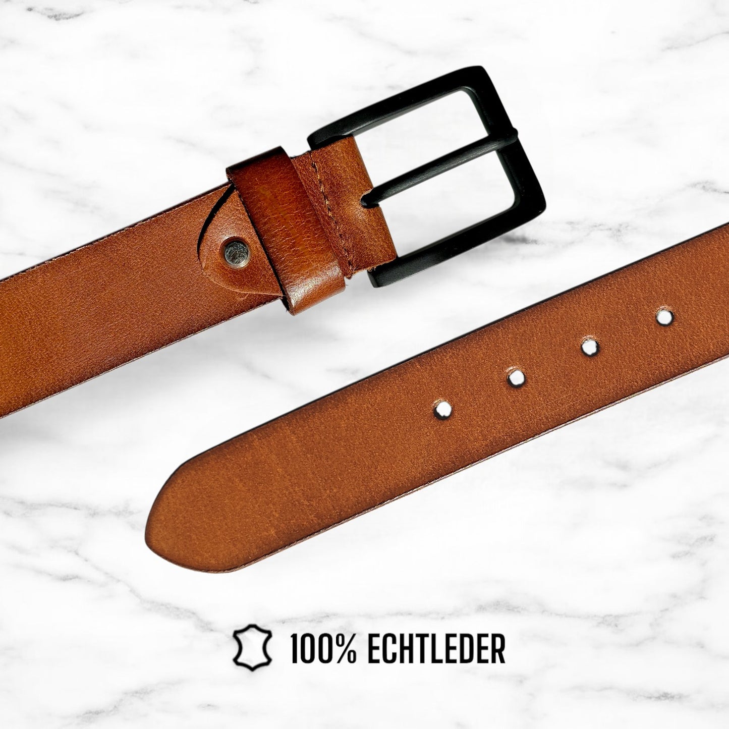 Herren Ledergürtel aus 100 % Büffelleder – Cognac/Schwarz, Handgefertigt, 3,8 cm